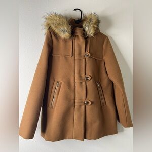 Altar'd State Brown Tan Buttoned Faux Fur Pea Coat